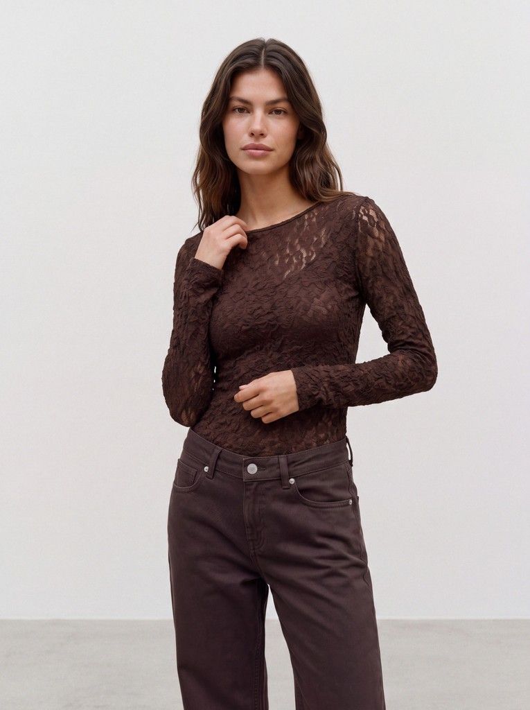 VMFLORA LS 2-WAY LACE TOP JRS NOOS Chocolate Torte