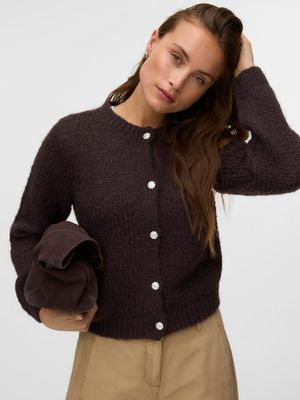 VMMAYBE JEWEL LS O-NECK CARDIGAN NOOS Chocolate Torte/W. JEWEL BUTTON