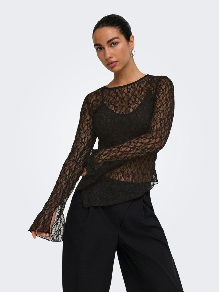 ONLSYRENE LACE L/S ASYMETRICAL TOP ACC Black