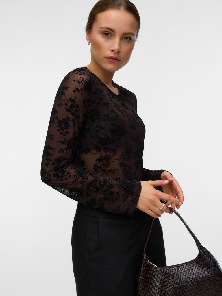 VMFLORA LS O-NECK TOP JRS Chocolate Torte/W BL