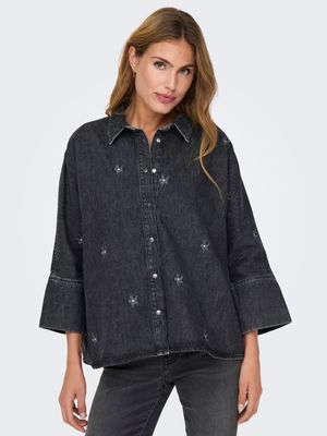 ONLGRACE 3/4 FLOWER EMB DNM SHIRT CRO Washed Black/FLOWER