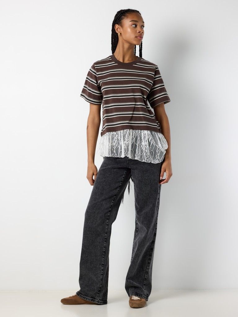 NMEMBER SS STRIPE LACE TOP Chocolate Brown/BIRC