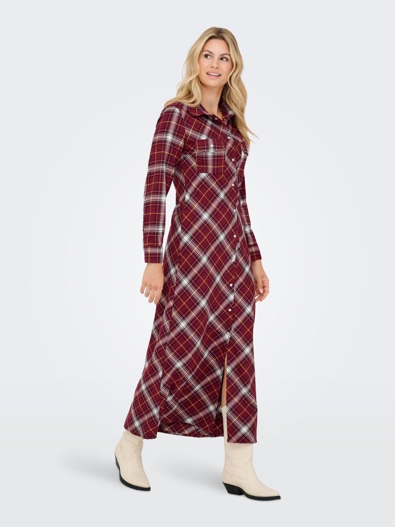 ONLWREN CHECK L/S LONG SHIRT DRESS WVN Syrah/Checked pulse