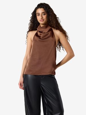 NMBRISA HIGHNECK SATIN TOP TNT/17  Chocolate Brown
