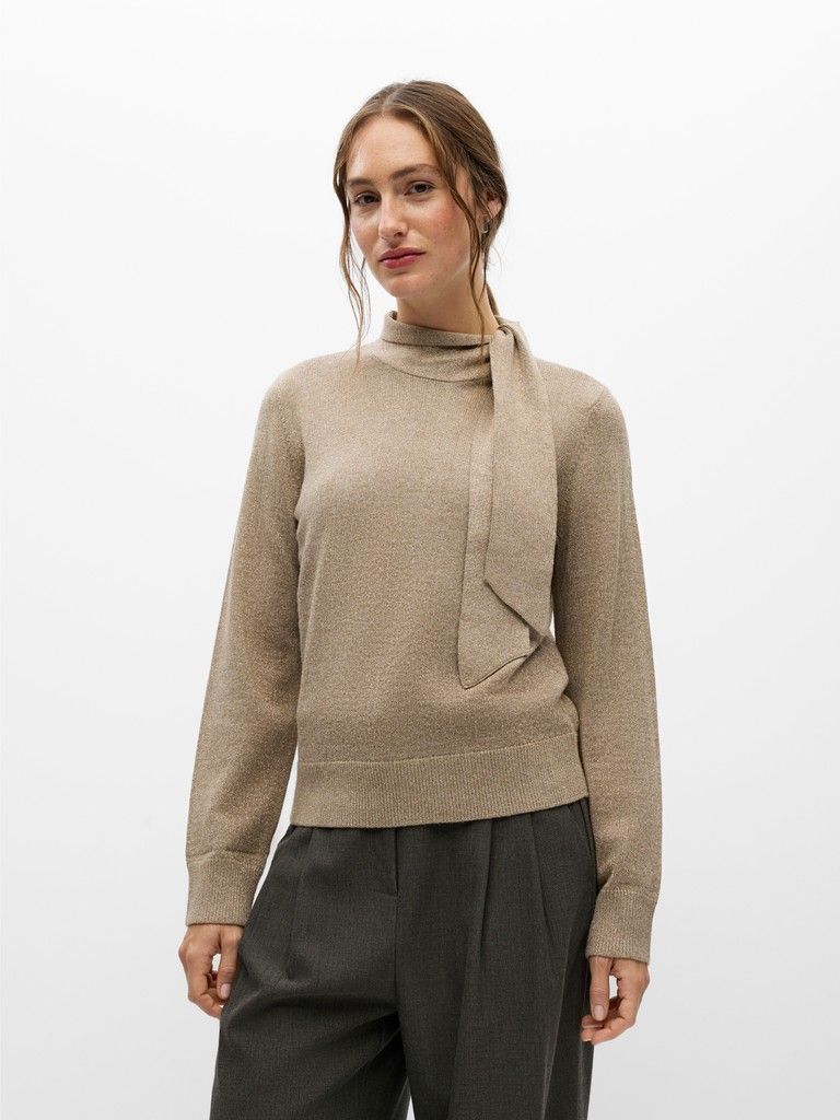 OBJTHESS L/S RE BOW GLAM KNIT PULLOVER Desert Taupe-Gold glitter