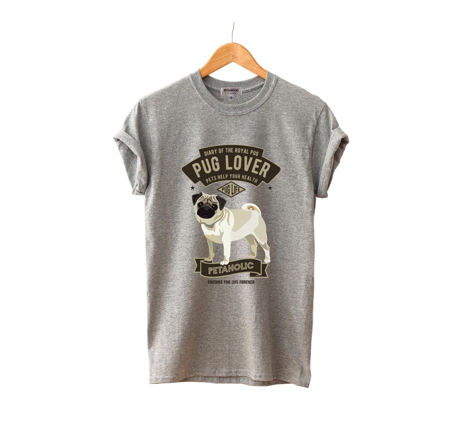 Pug Lover Unisex T-shirt, Size: XS, Color: Heather Grey
