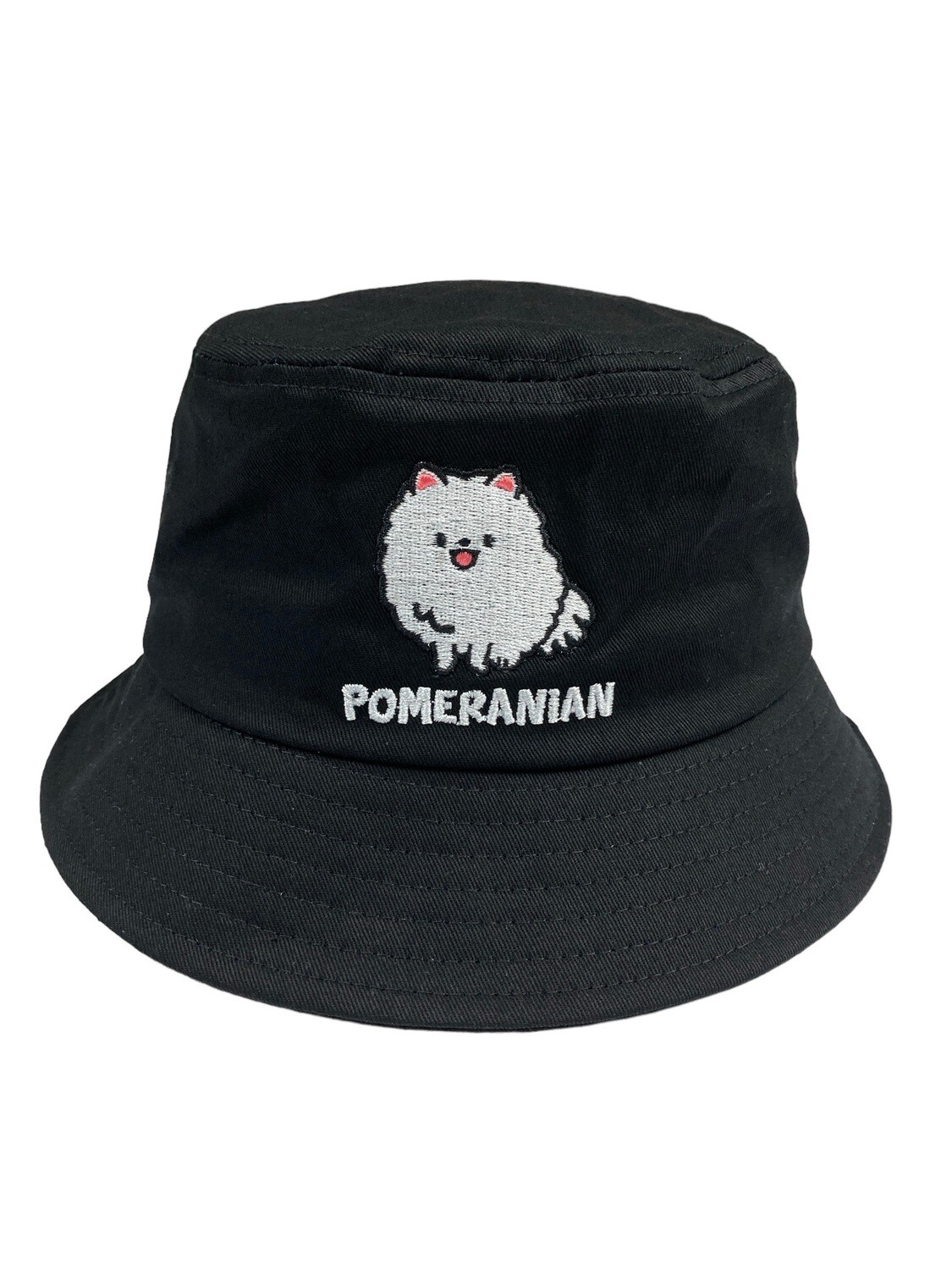 White Pomeranian Embroidery Bucket Hat, 顏色: 黑色