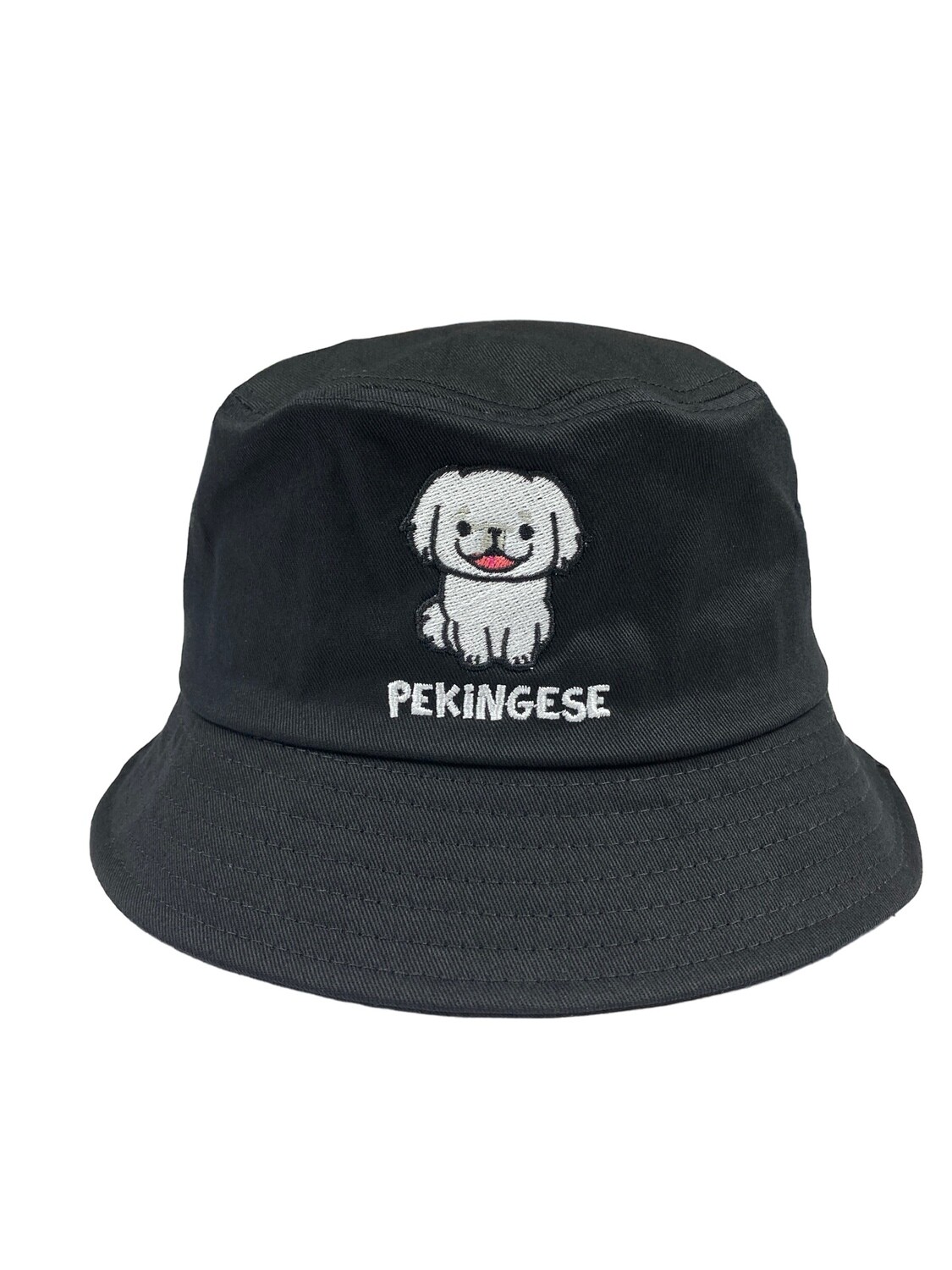 Pekingese 白色北京犬刺繡漁夫帽, 顏色: 黑色