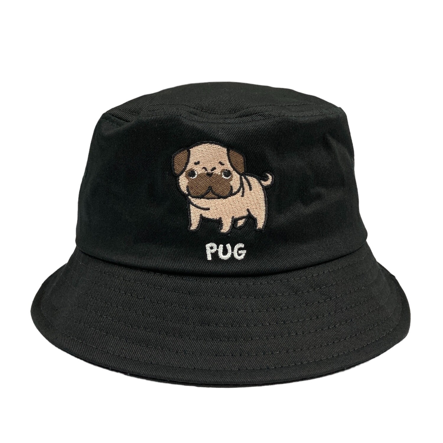 Pug Embroidery Bucket Hat, Color: Black