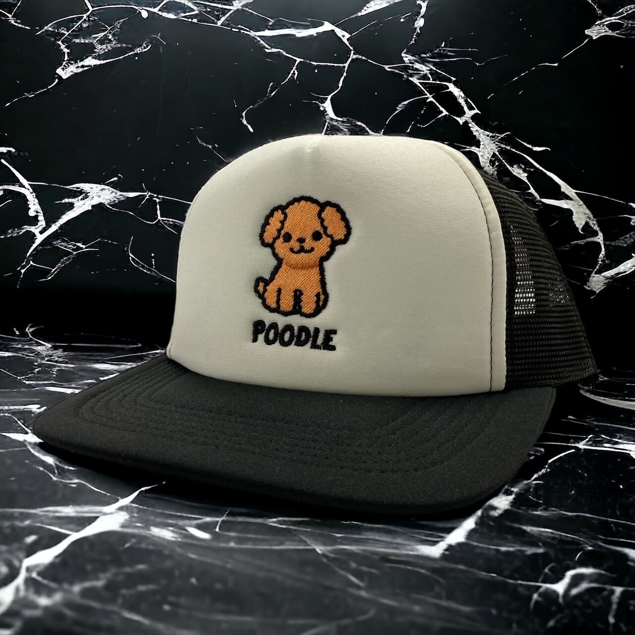 Poodle Embroidery Mesh Trucker Cap, Color: Black/White, Size: F (One Size)