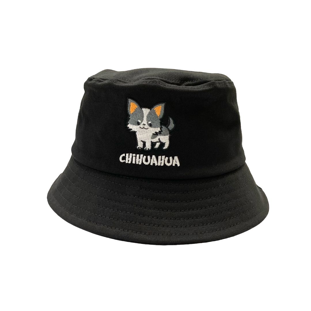 Chihuahua B/W Embroidery Bucket Hat, Color: Black, Size: Free Size (56-58cm)