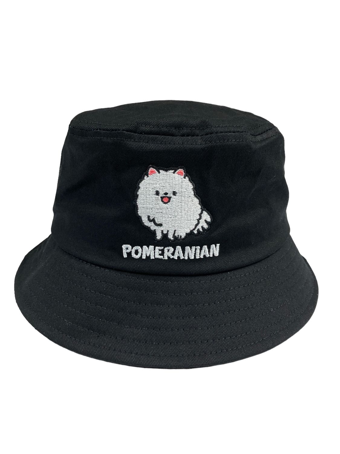 White Pomeranian Embroidery Bucket Hat, Color: Black