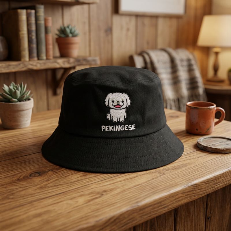 White Pekingese Embroidery Bucket Hat