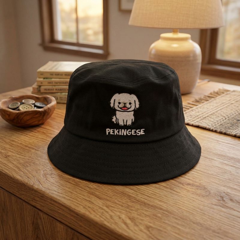 White Pekingese Embroidery Bucket Hat