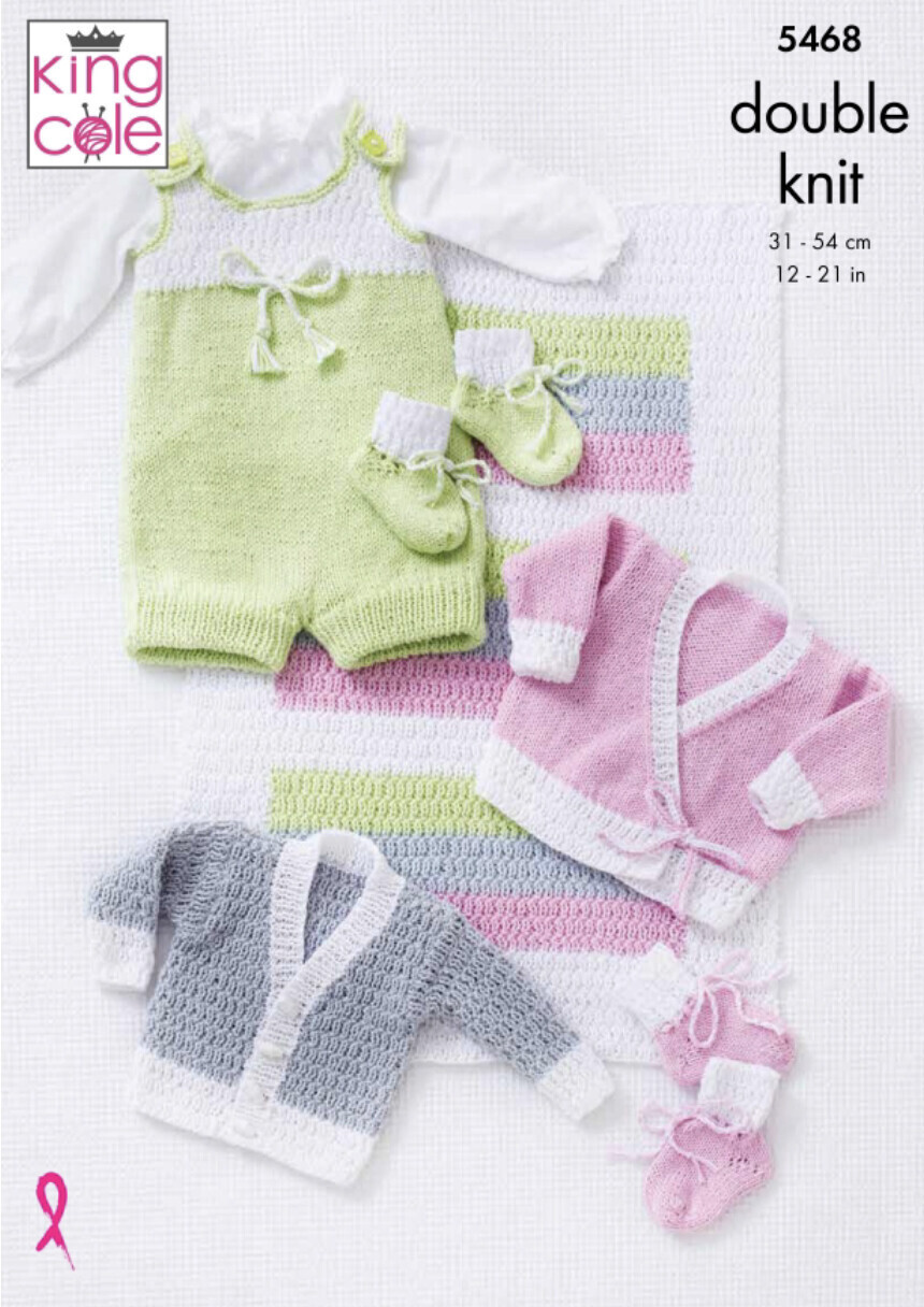 Pattern Details for King Cole 5468 Blanket, Romper, Cardigans and Bootees in Cottonsoft DK (leaflet)