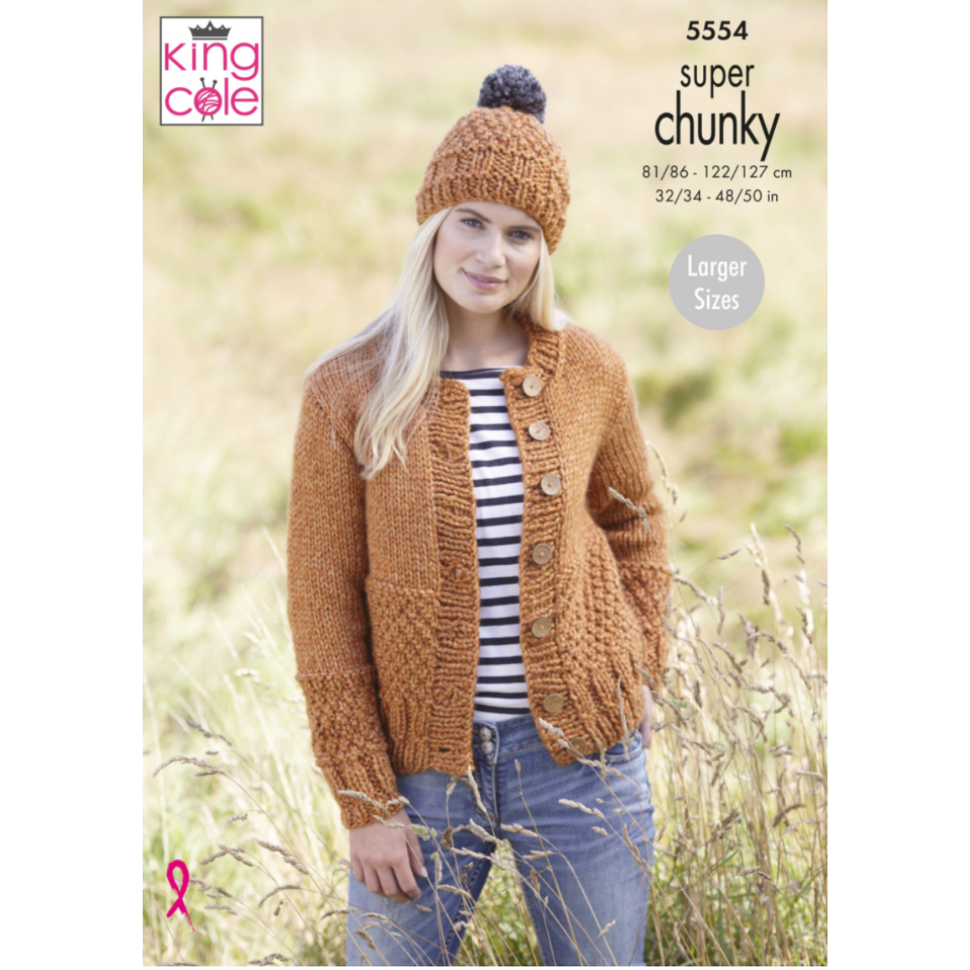 King Cole Ladies Cardigan, Scarf and Hat in Big Value Super Chunky Stormy (5554) - Leaflet