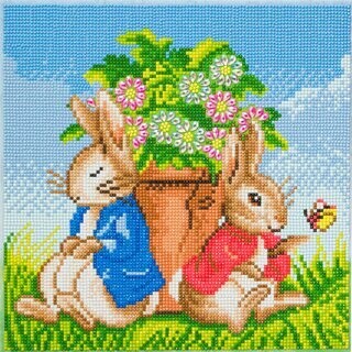 Peter and Flopsy Flower Pot - 30x30m Crystal Art Canvas Kit Peter and Flopsy Flower Pot - 30x30m Crystal Art Canvas Kit
