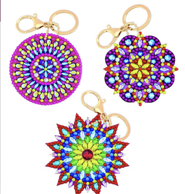 "CRYSTAL ART KEYRING KIT - SET OF 3 KEYRINGS - MANDALAS. In Colour Box "