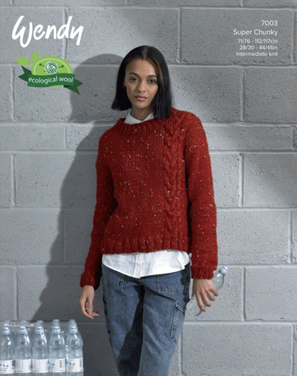 Wendy Knit's Recycled Super Chunky Knitting Pattern | Cable Sweater 7003 (Leaflet)