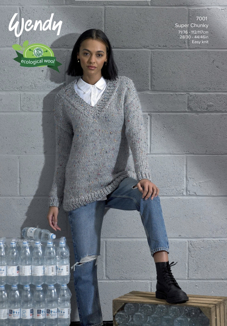 Wendy Knit's Recycled Super Chunky Knitting Pattern | V-Neck Sweater 7001 (Leaflet) Wendy Knit's Recycled Super Chunky Knitting Pattern | V-Neck Sweater 7001 (Leaflet)