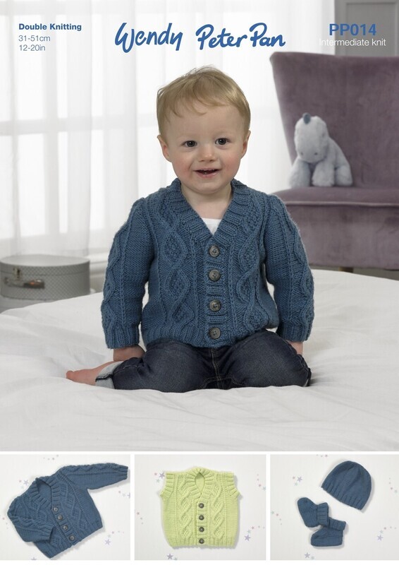 Peter Pan DK Cardigan, Waistcoat, Hat and Bootees in Peter Pan | PP014 (leaflet)