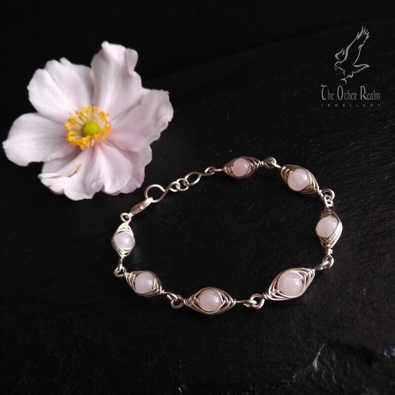 Rose Quartz Silver Plated Copper Wire Wrap Bracelet