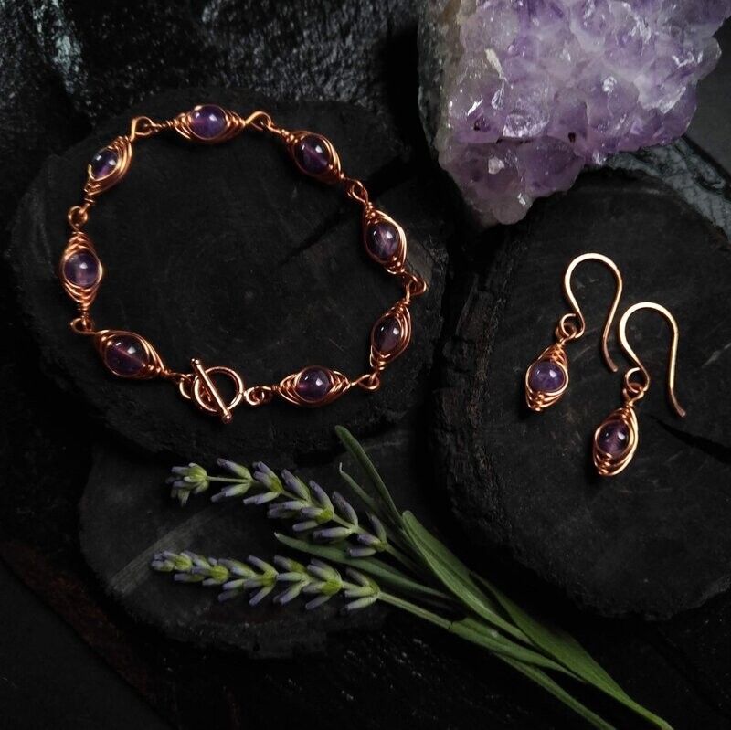 Amethyst and Solid Copper Herringbone Earrings and Bracelet Set