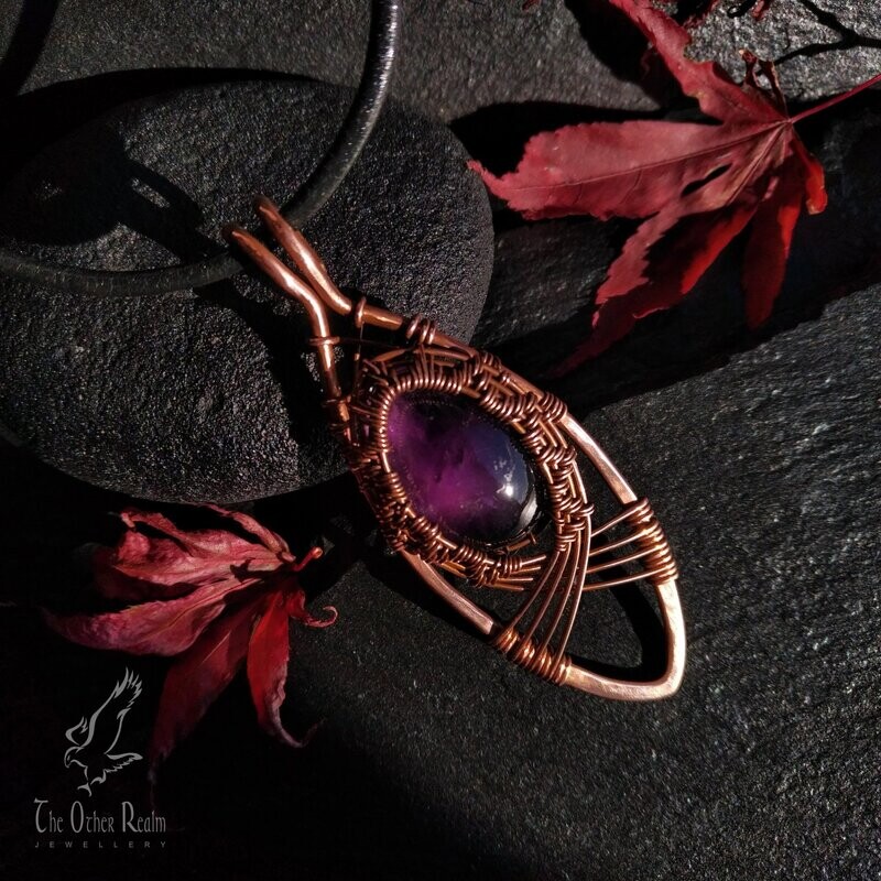 Amethyst Copper Wire Weave Leaf Pendant