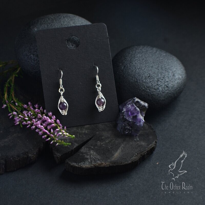 Amethyst Silver Plated Copper Wire Herringbone Earrings