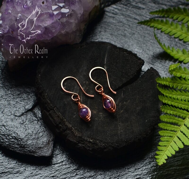 Amethyst and Solid Copper Wire Herringbone Earrings