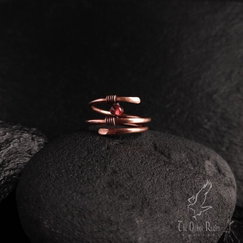 Garnet and Solid Copper Spiral Ring