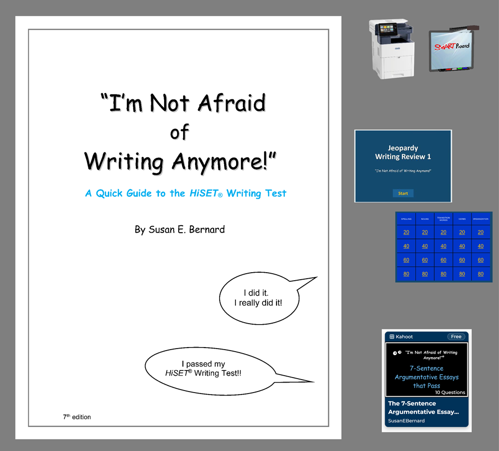 COMPLETE SET - A Quick Guide to the HiSET® Writing Test - Printable/Projectable Text/Workbook + Answer Key (printer-friendly covers) + Fun, Engaging Supplements