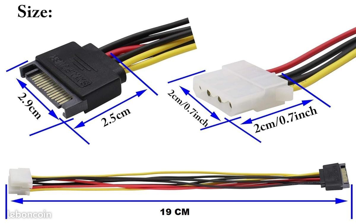 Alimentation  SATA Mâle vers 2 Molex Femelle, 19 cm