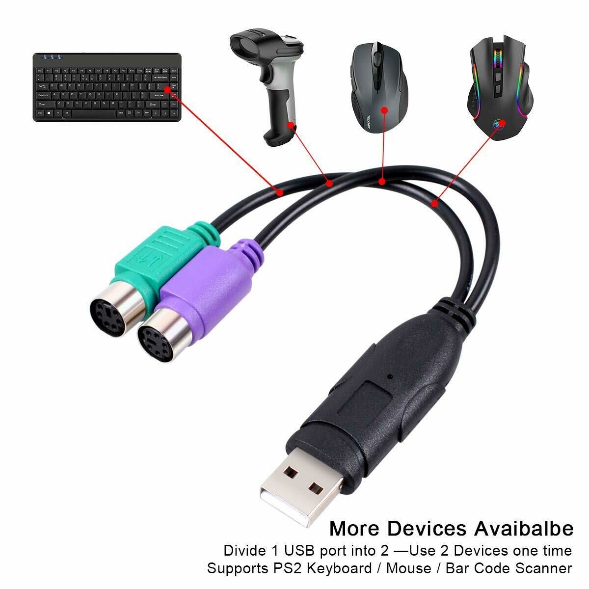 Adaptateur USB vers Double PS/2 pour Clavier et Souris