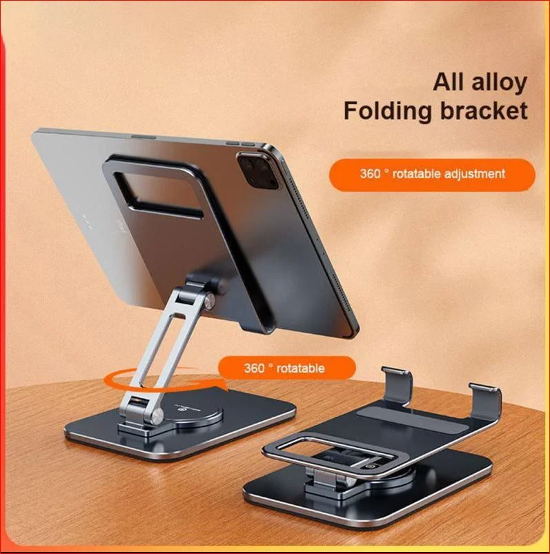 Support Tablette Bureau Rotatif 360° en Aluminium Pliable pour Écrans 4,7 à 12 Pouces - Gris Sidéral