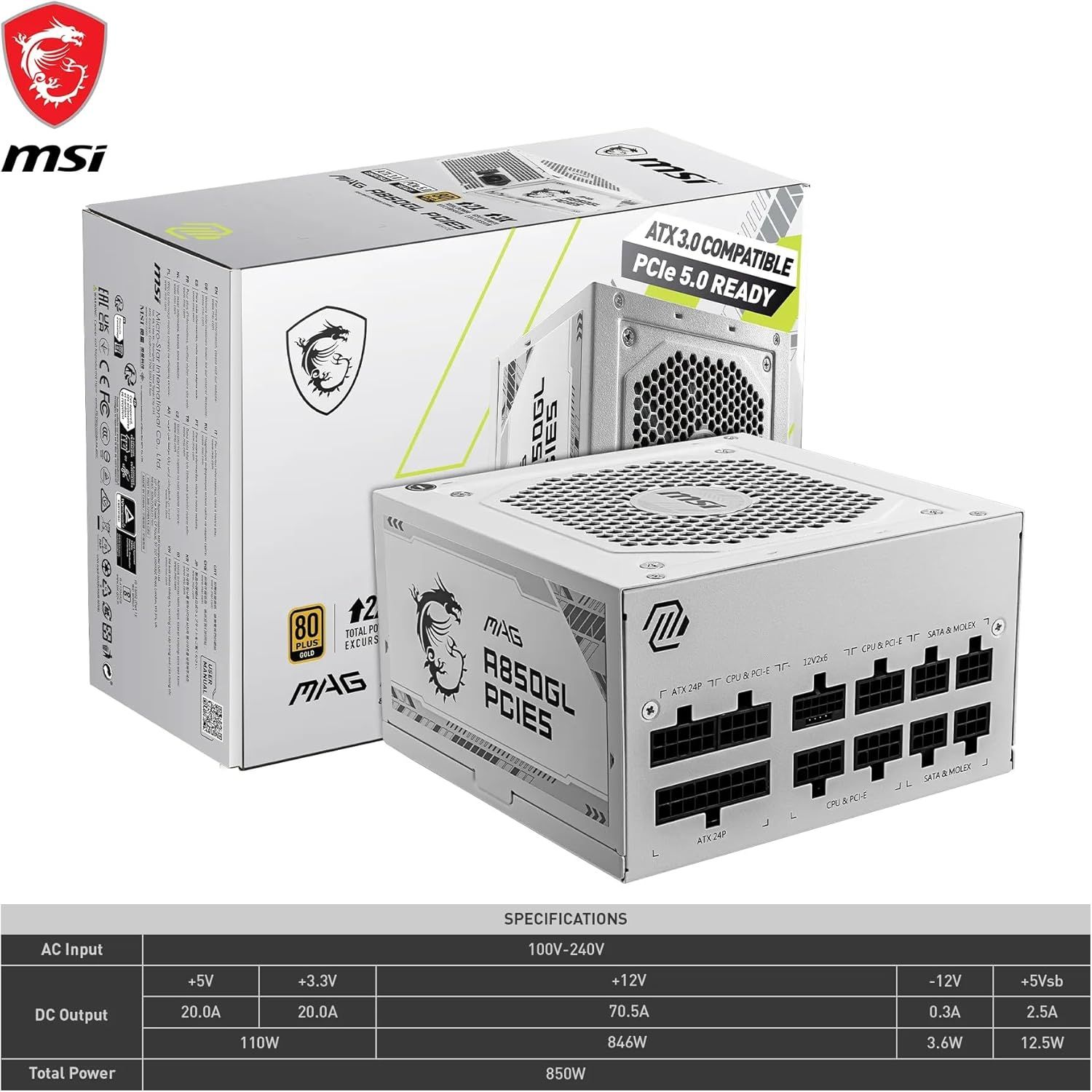 MSI MAG A850GL PCIe5 Blanche - Alimentation PC 850W ATX 3.0