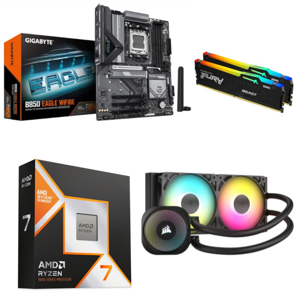 Kit Ryzen 7 9800X3D - B850 EAGLE WIFI6E - DDR5 32Go RBG - Watercooling Corsair 240mm