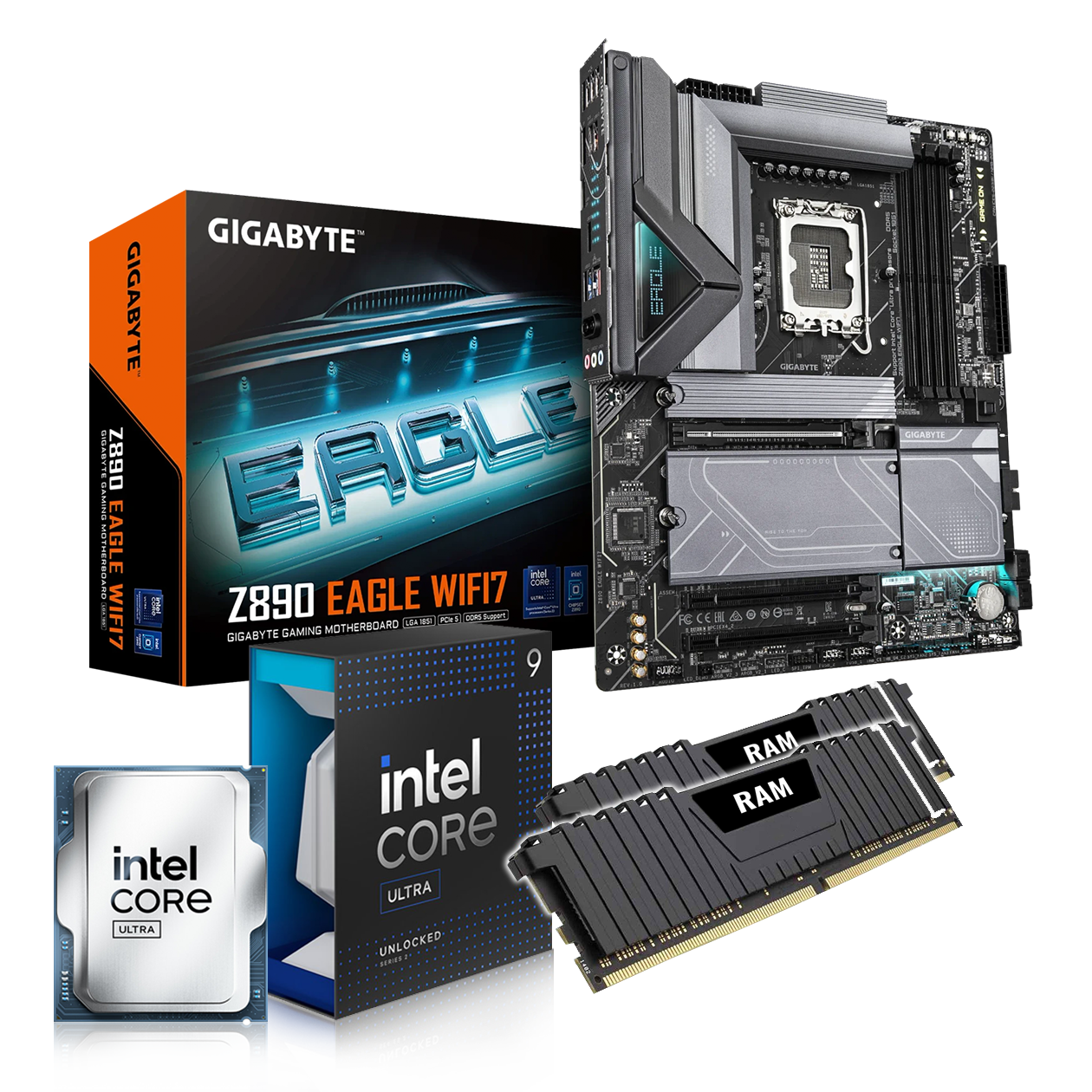 Kit d'évolution PC: Gigabyte Z890 Eagle WIFI 7 | Intel Core Ultra 9 285K | 32 GB DDR5 Refroidisseur de liquide tout-en-un