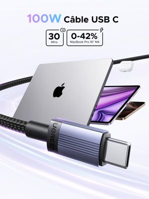 UGREEN Câble USB-C vers USB-C PD 100W 1 m - Charge rapide 5A