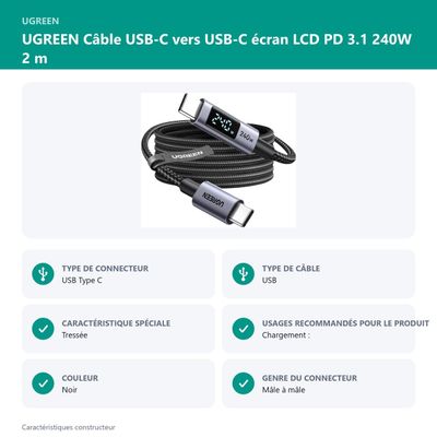UGREEN Câble USB-C vers USB-C écran LCD PD 3.1 240W 2 m