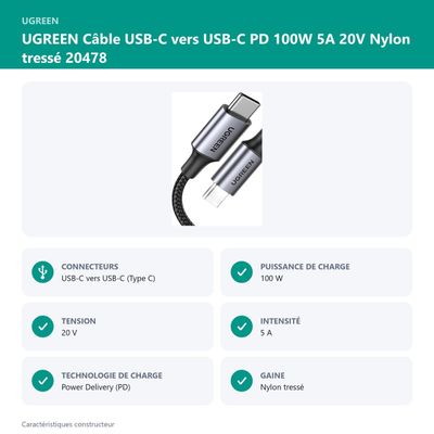 UGREEN Câble USB-C vers USB-C PD 100W 5A 20V Nylon tressé 20478