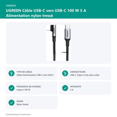 UGREEN Câble USB-C vers USB-C 100 W 5 A Alimentation nylon tressé