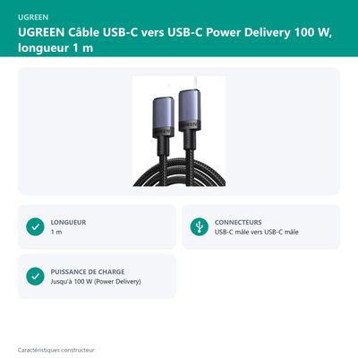 UGREEN Câble USB-C vers USB-C Power Delivery 100 W, longueur 1 m