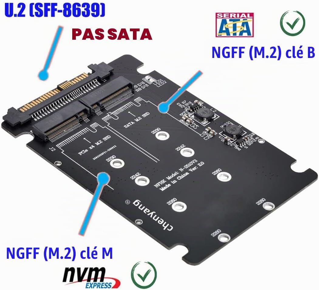 Adaptateur M.2 NVME PCIE SSD vers U.2 SFF - 8639 et NGFF SATA SSD vers SATA 2 en 1 PCBA Adaptateur combiné
