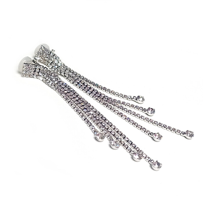 Earring Crystal Drop Clip Ons Silver