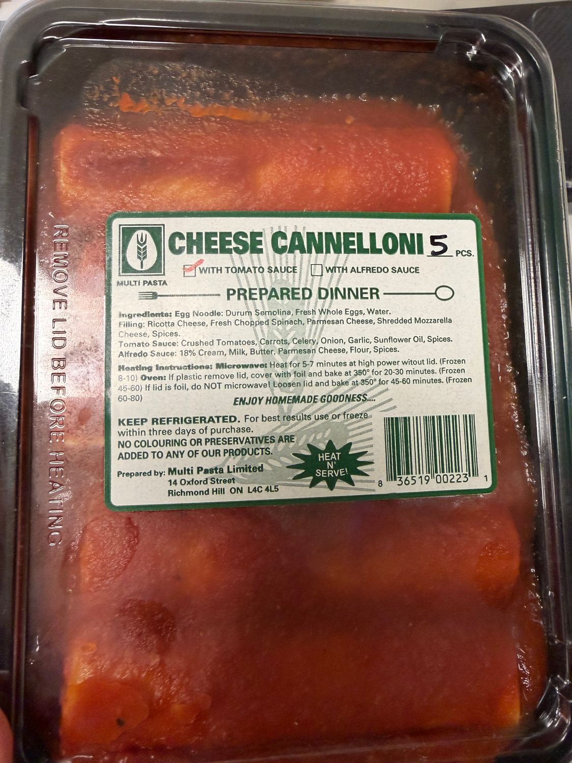 Cheese Cannelloni in Tomato Sauce - 5pk