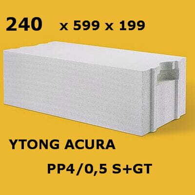 Ytong Acura bloki PP4/0,5 S+GT, 240x599x199mm, paletē 48gb/1.37m3, cena par m3