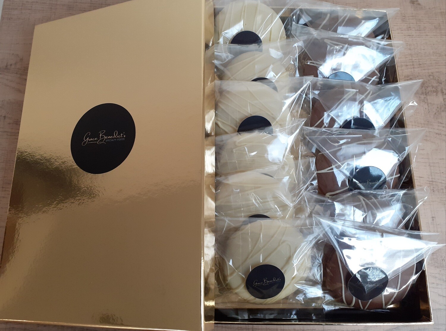 12 large hand crafted premium Belgian chocolate shortbread cookies in a gift box, comes in an assortment of dark, milk or white chocolate