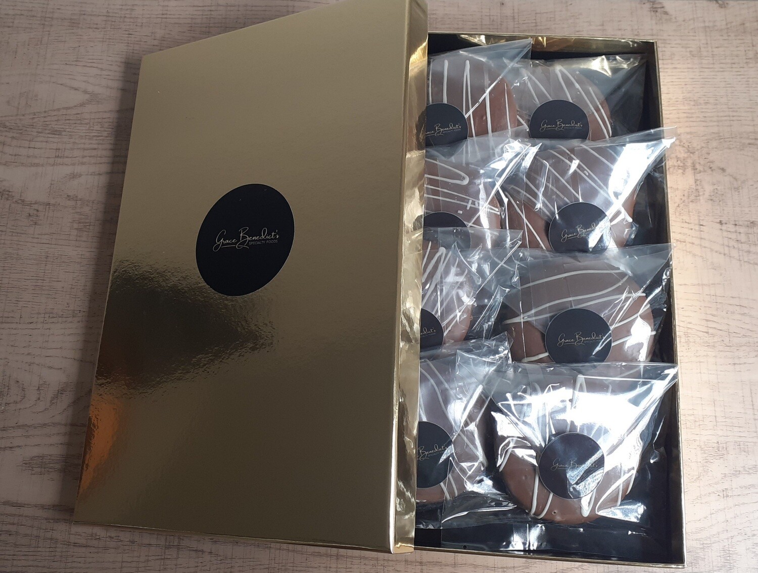 8 large hand crafted premium Belgian chocolate shortbread cookies in a gift box, comes in an assortment of dark, milk or white chocolate