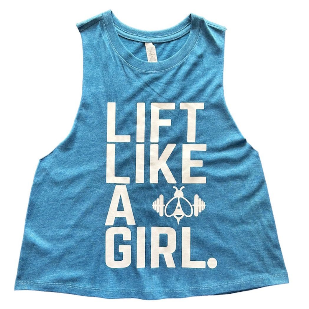 CROPPED LIFT LIKE A GIRL RACERBACK VEST TEAL & WHITE